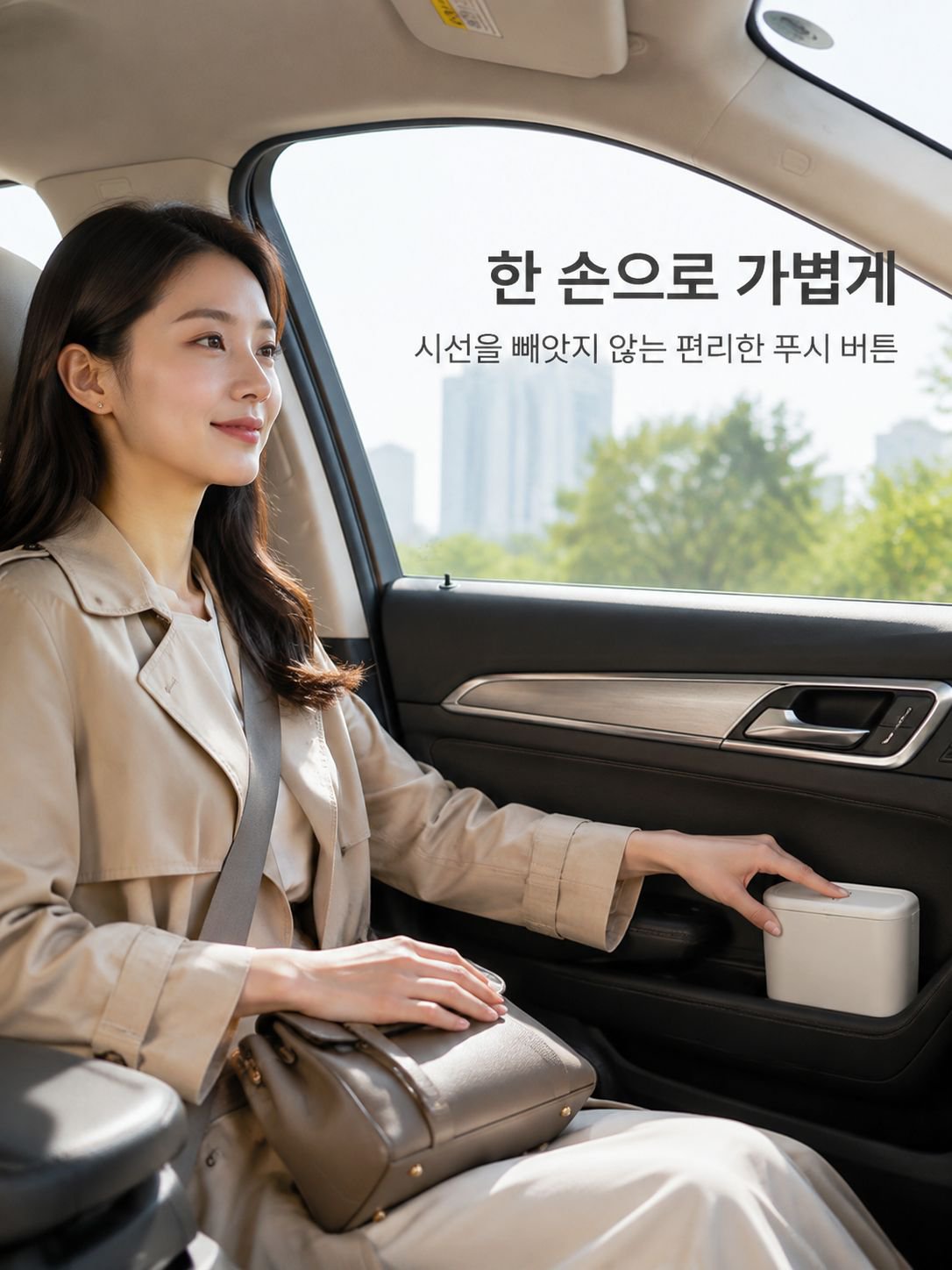 차량용 쓰레기통에 쓰레기를 버리는 모습
