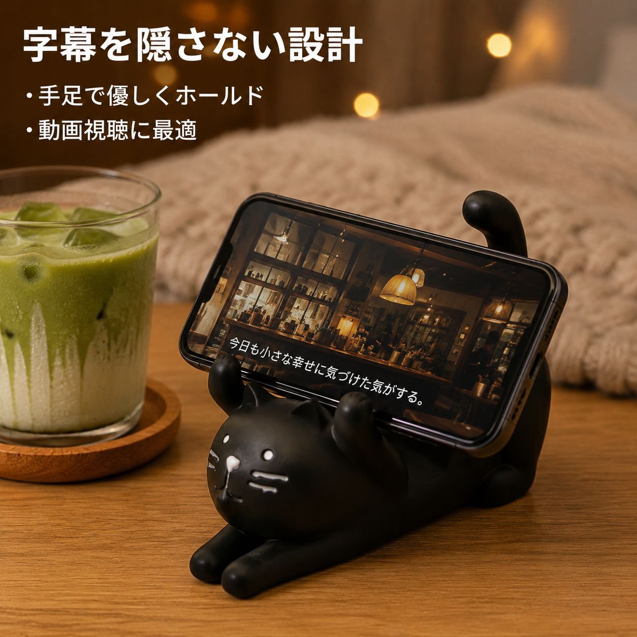 怠け者スマホホルダー 黒猫飾り デスク樹脂工芸猫オブジェ
