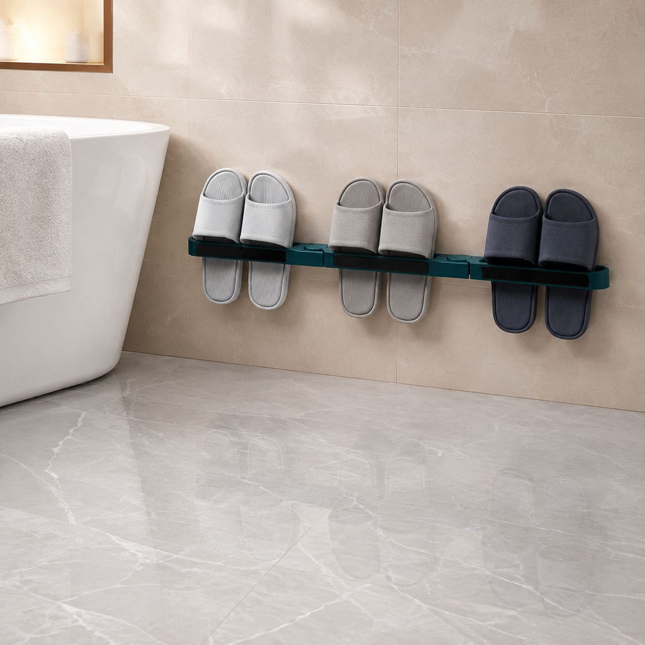 Close-up of drainage holes on bathroom wall slipper rack
