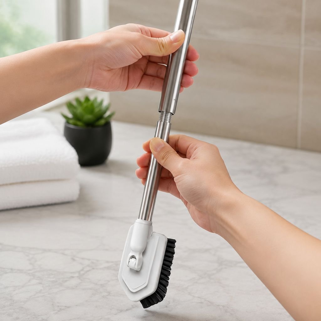 Ergonomic scrub brush with long handle for tile and grout