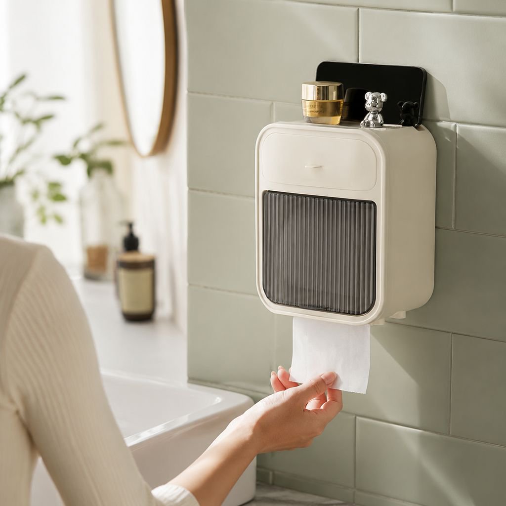 トイレ用防水ペーパーボックス・穴あけ不要・設置簡単