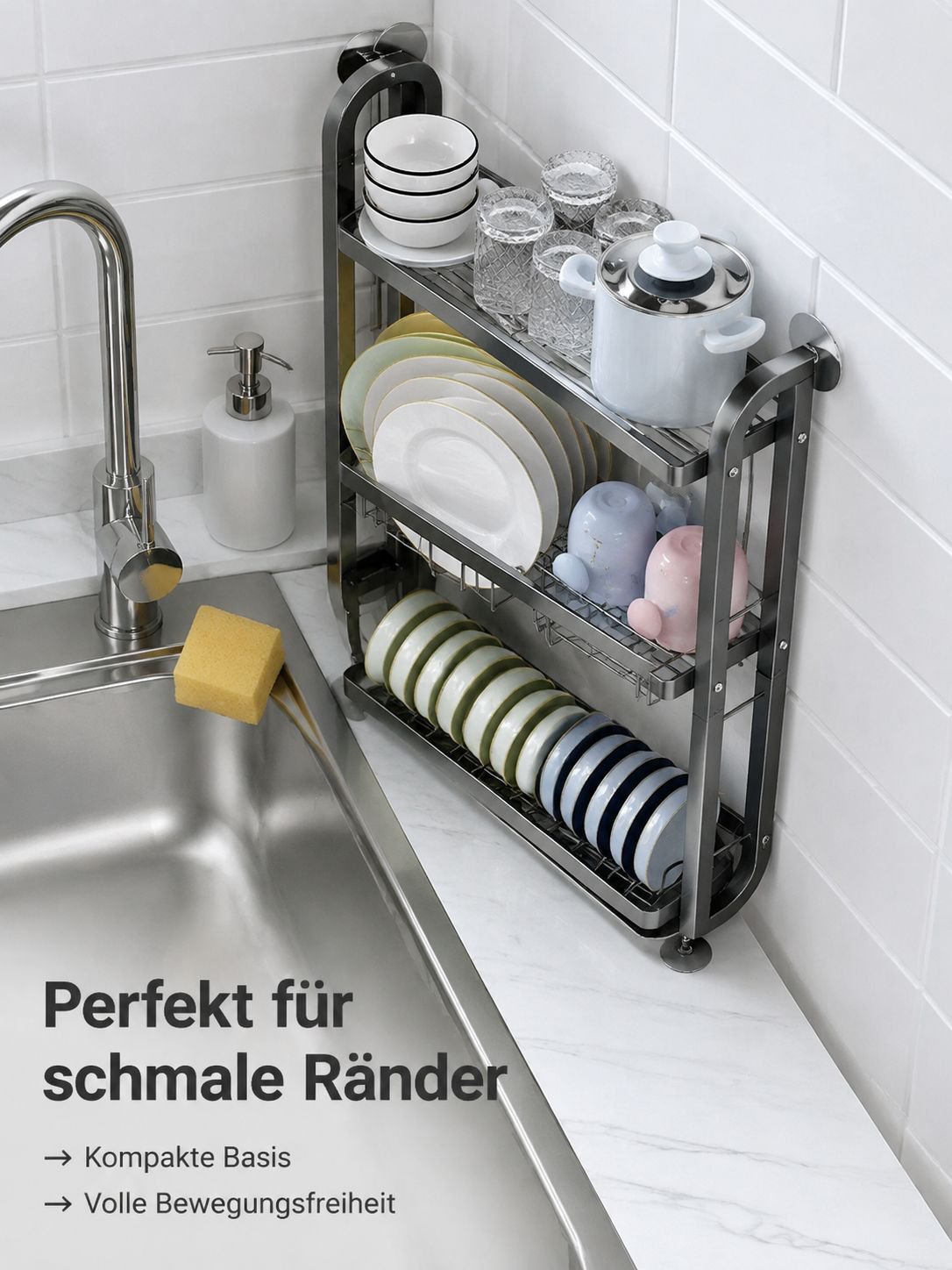Moderner und platzsparender Abtropfgestell für Spüle aus langlebigem Material.