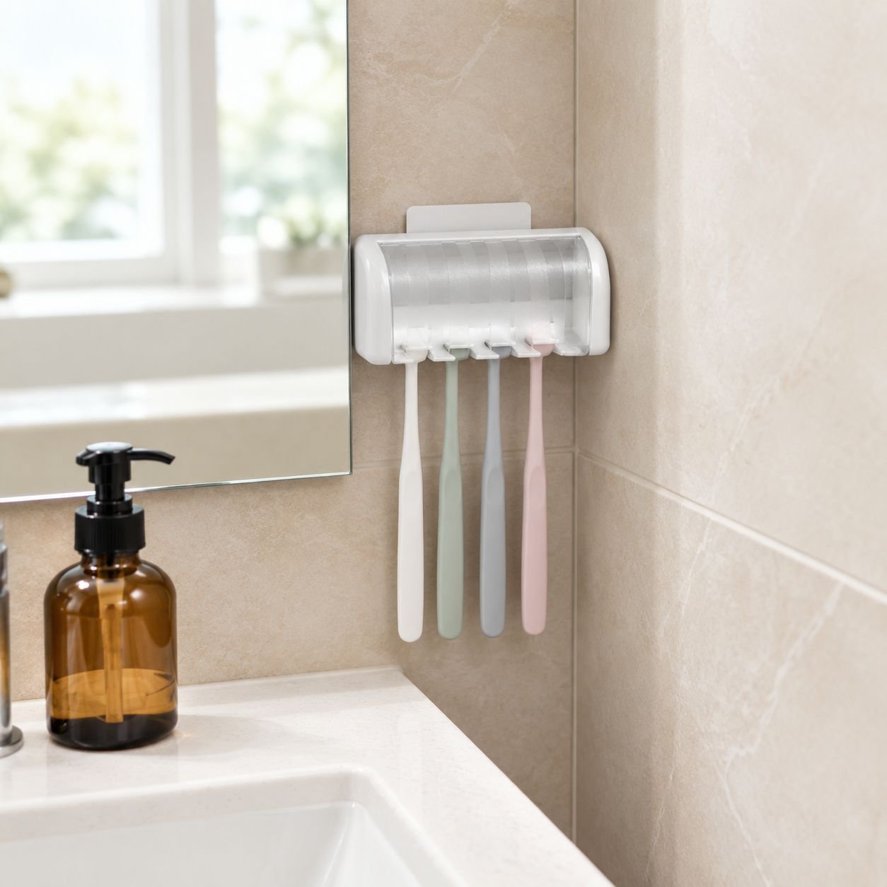 Bathroom storage solution for toothbrushes and toothpaste