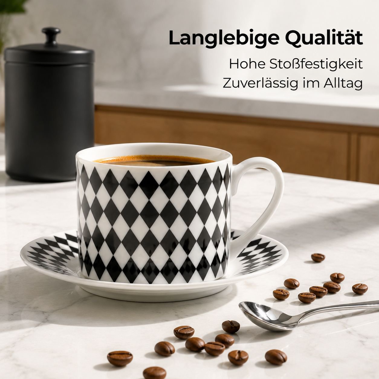 Knochenporzellan-Kaffeetassen- und Untertassen-Set mit schwarz-weiss geometrischem Design
