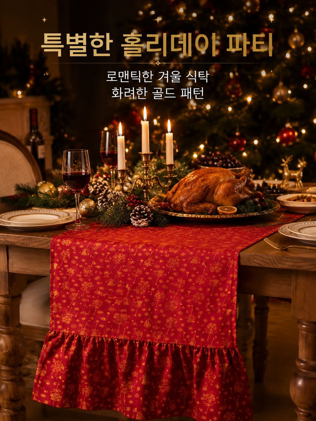 양쪽 끝에 프릴 장식이 있는 면/린넨 테이블보