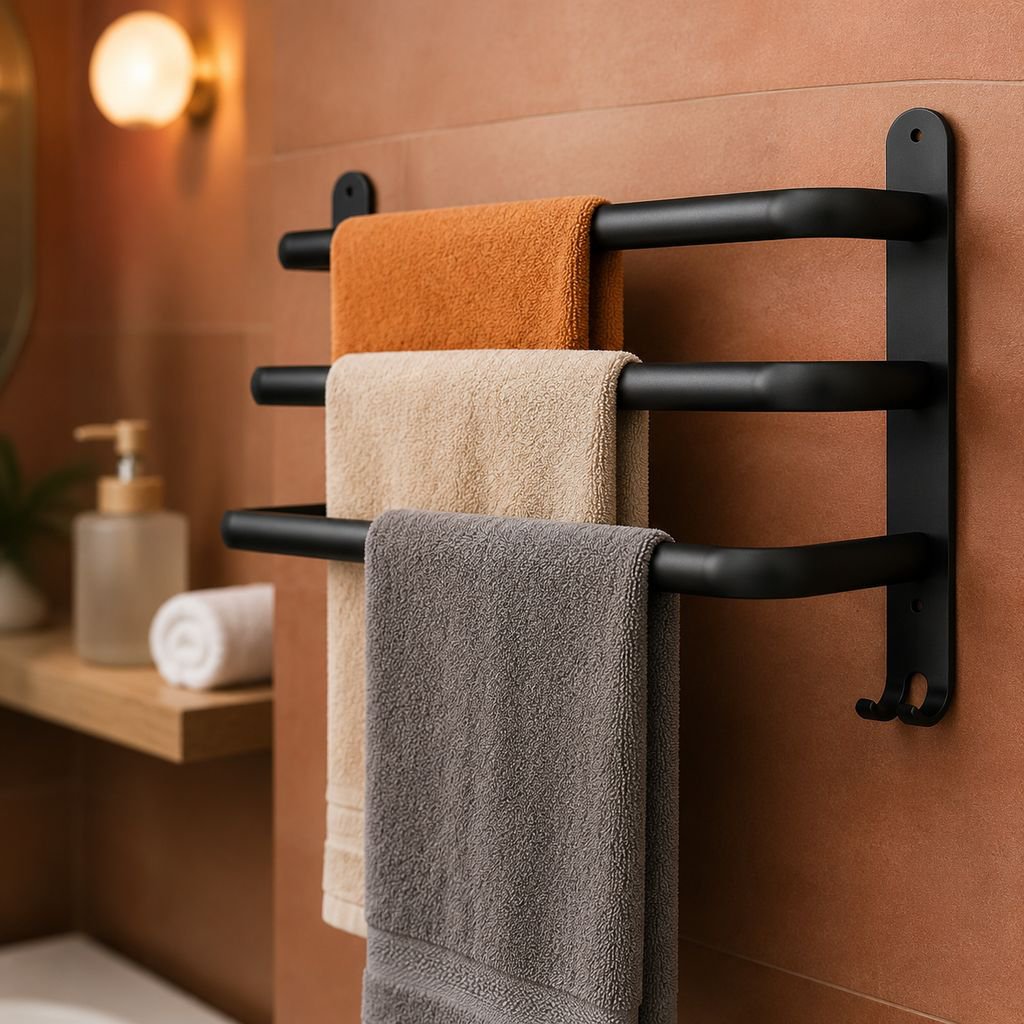 Toallero y estante de baño sin necesidad de perforar, almacenamiento integrado