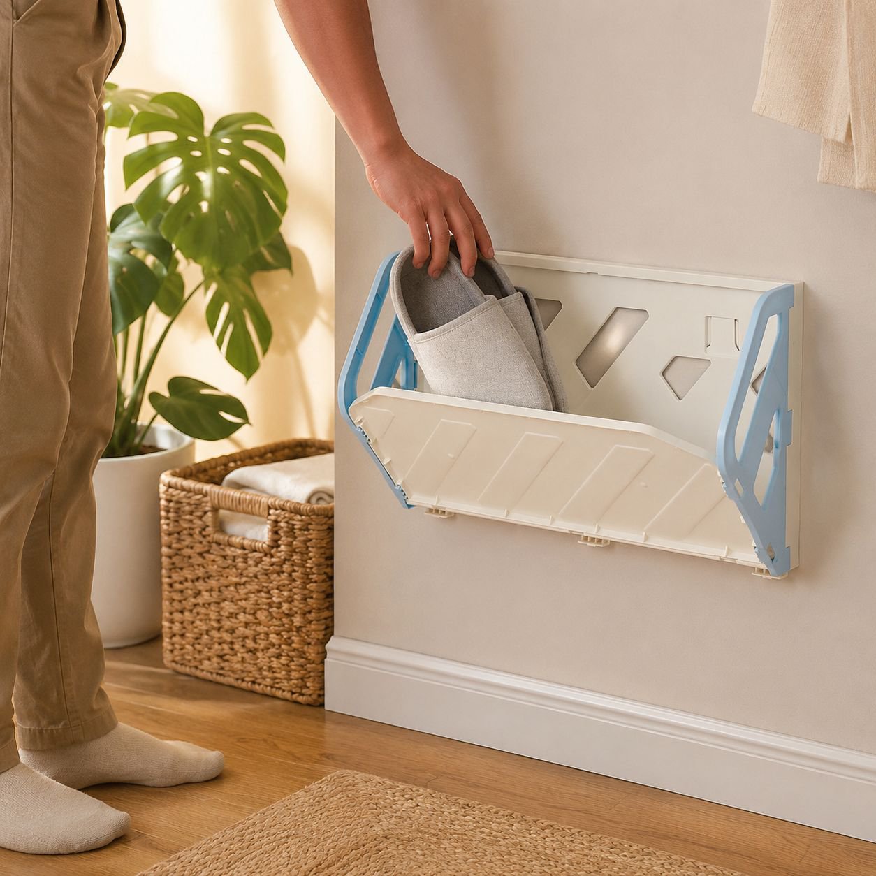 Shoe rack holding multiple pairs of slippers
