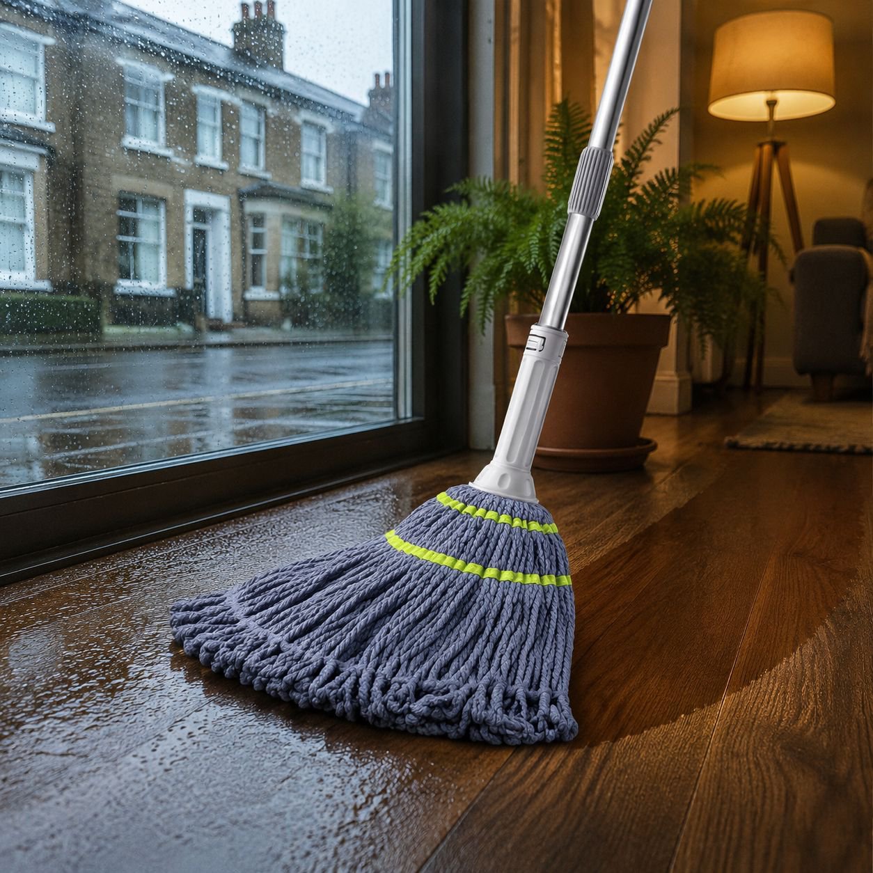 Manual floor cleaning tool with absorbent mop and bucket