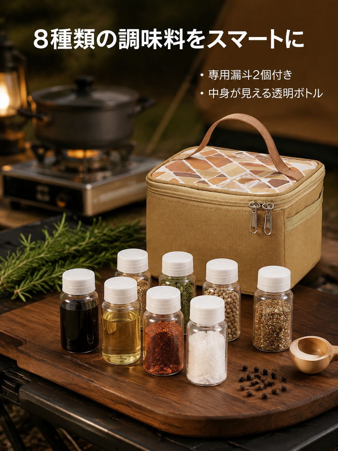 キャンプ用調味料収納ボックス・持ち運び便利な調味料ボトルセット