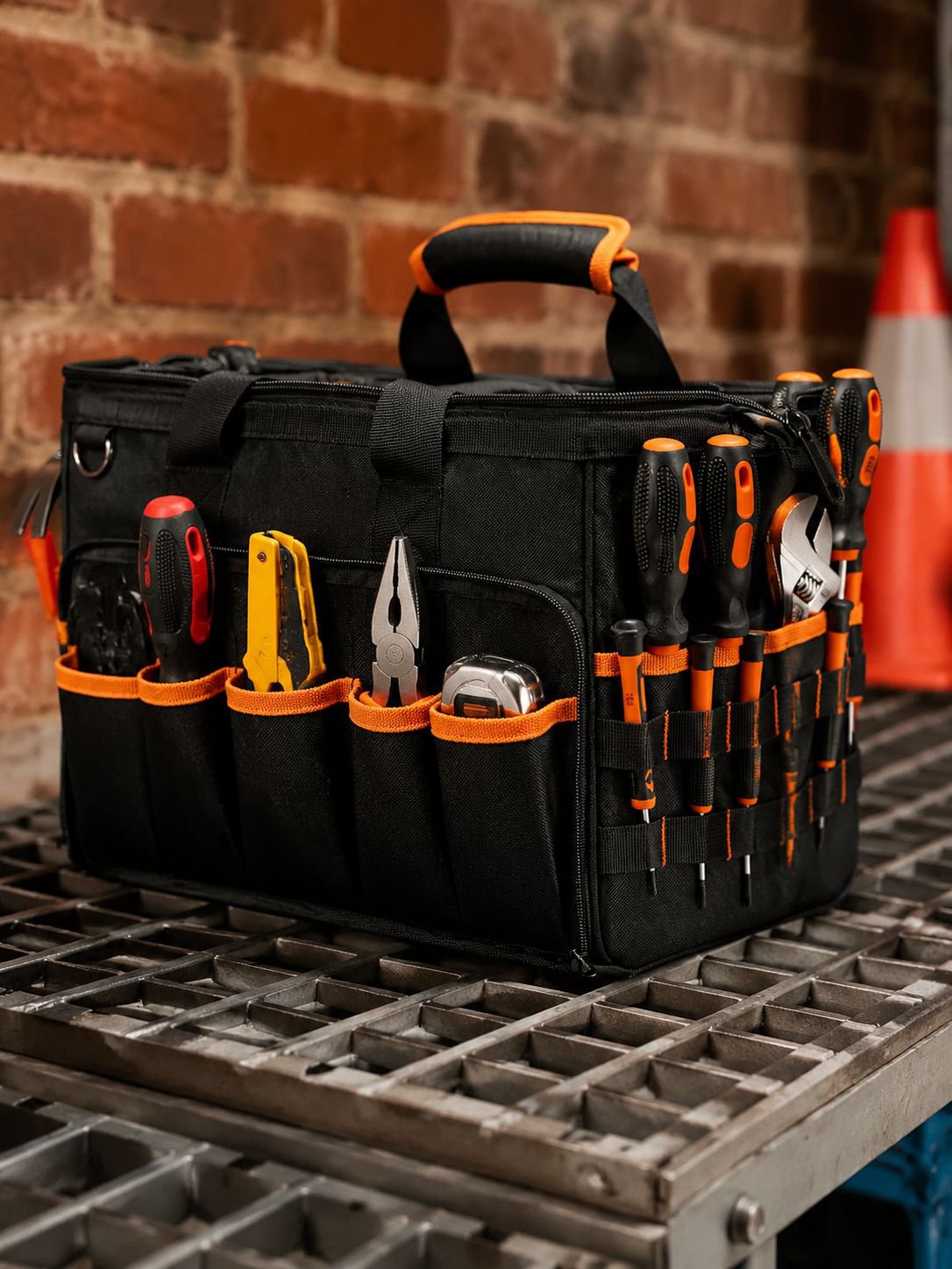 17-inch Heavy Duty Electrician Bag for Men, Foldable Wide-Mouth Storage Bag with Adjustable Shoulder