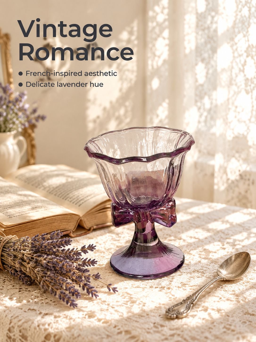 Creative purple bow high-stem glass on a white background