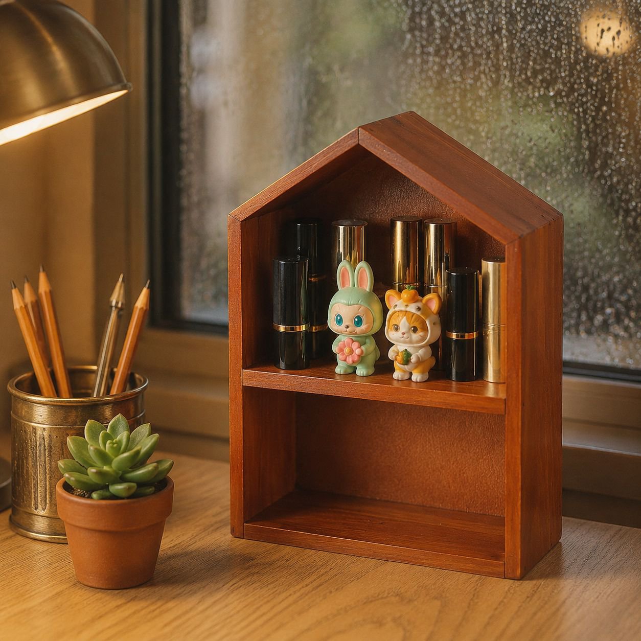 Desktop solid wood shelf holding makeup and perfumes