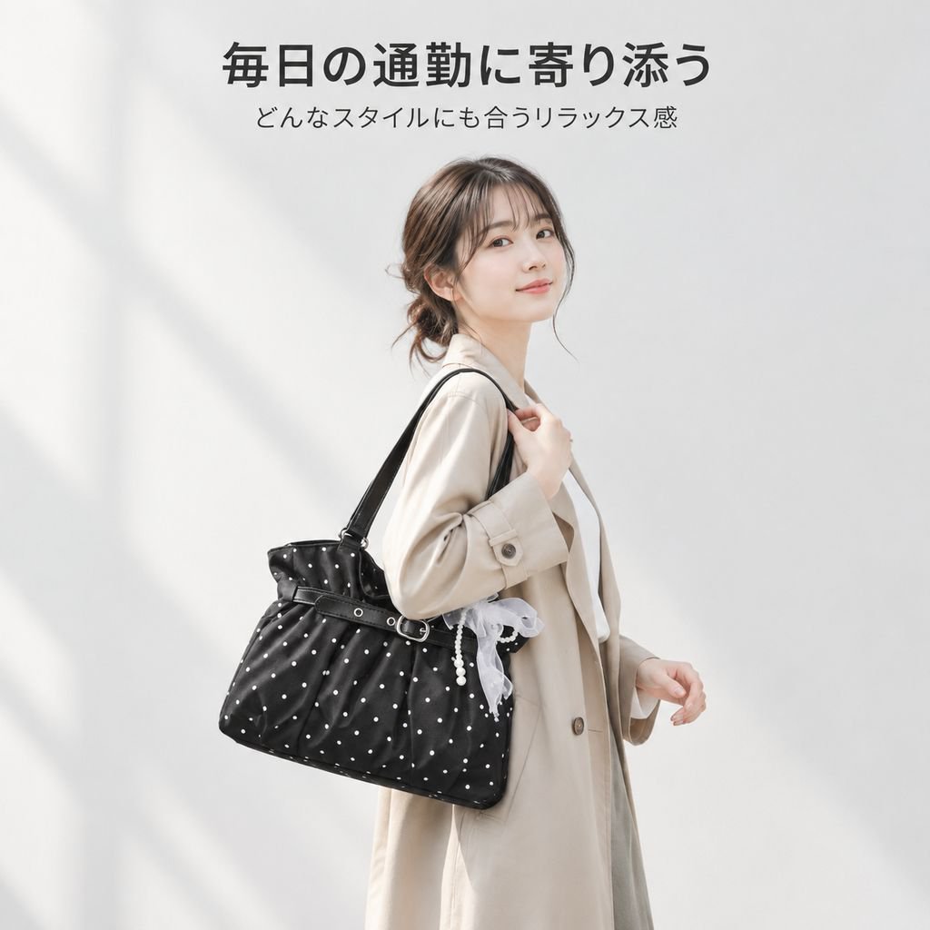 韓国スタイルの余裕感のあるプリーツショルダーバッグ・脇挟みバッグ・女性ファッション・水玉柄通勤手トートバッグ