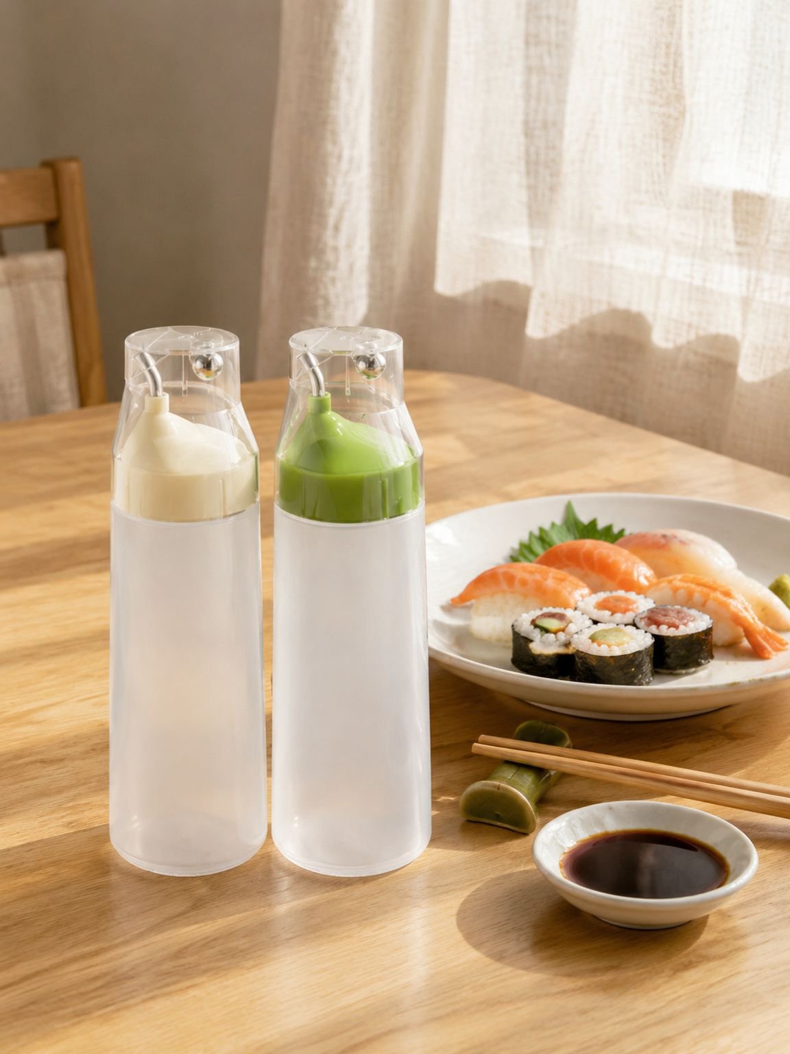 自動開閉機能付き調味料ボトルの使用例