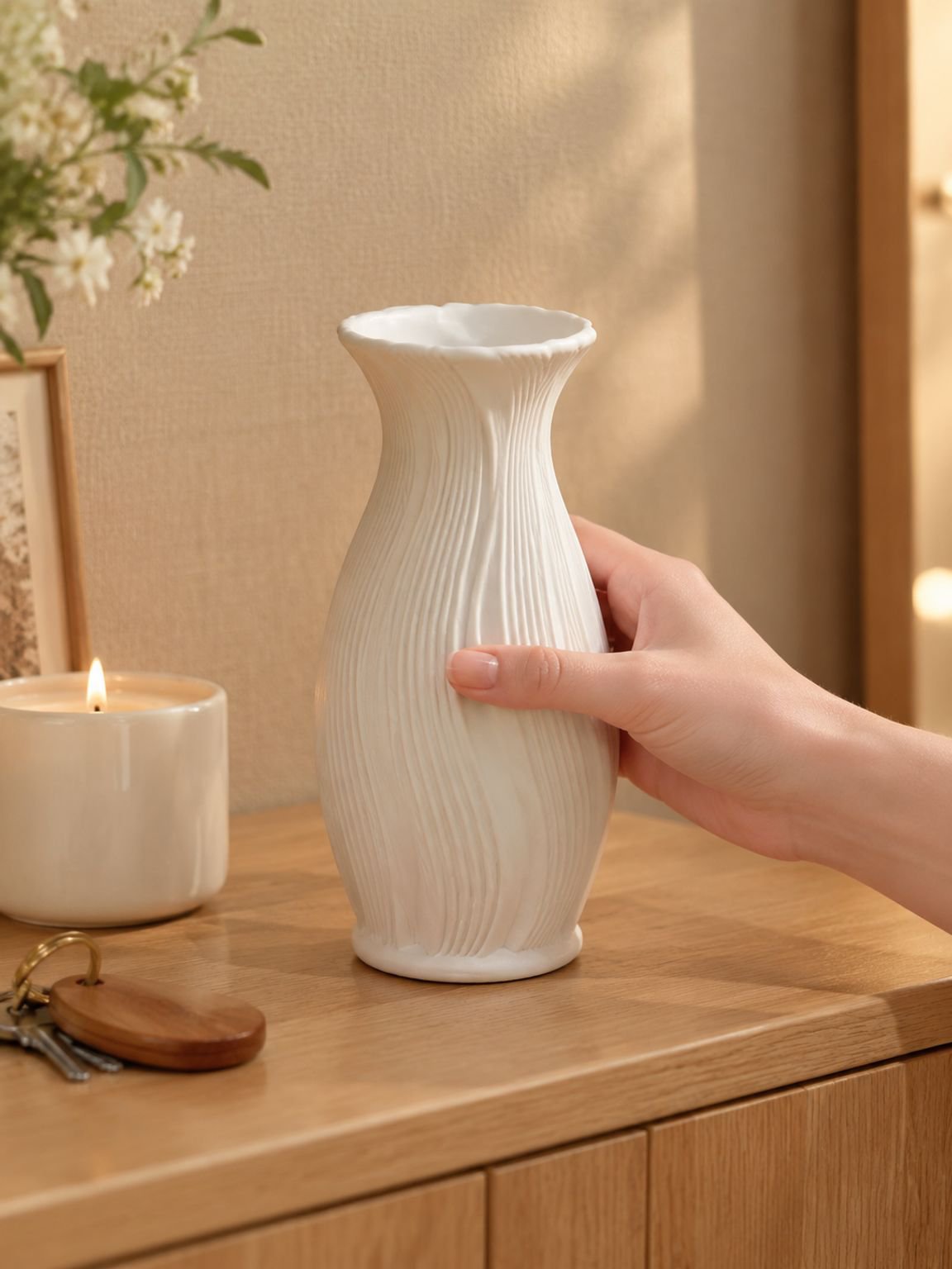 French gradient vase styled with dried flowers on a console table