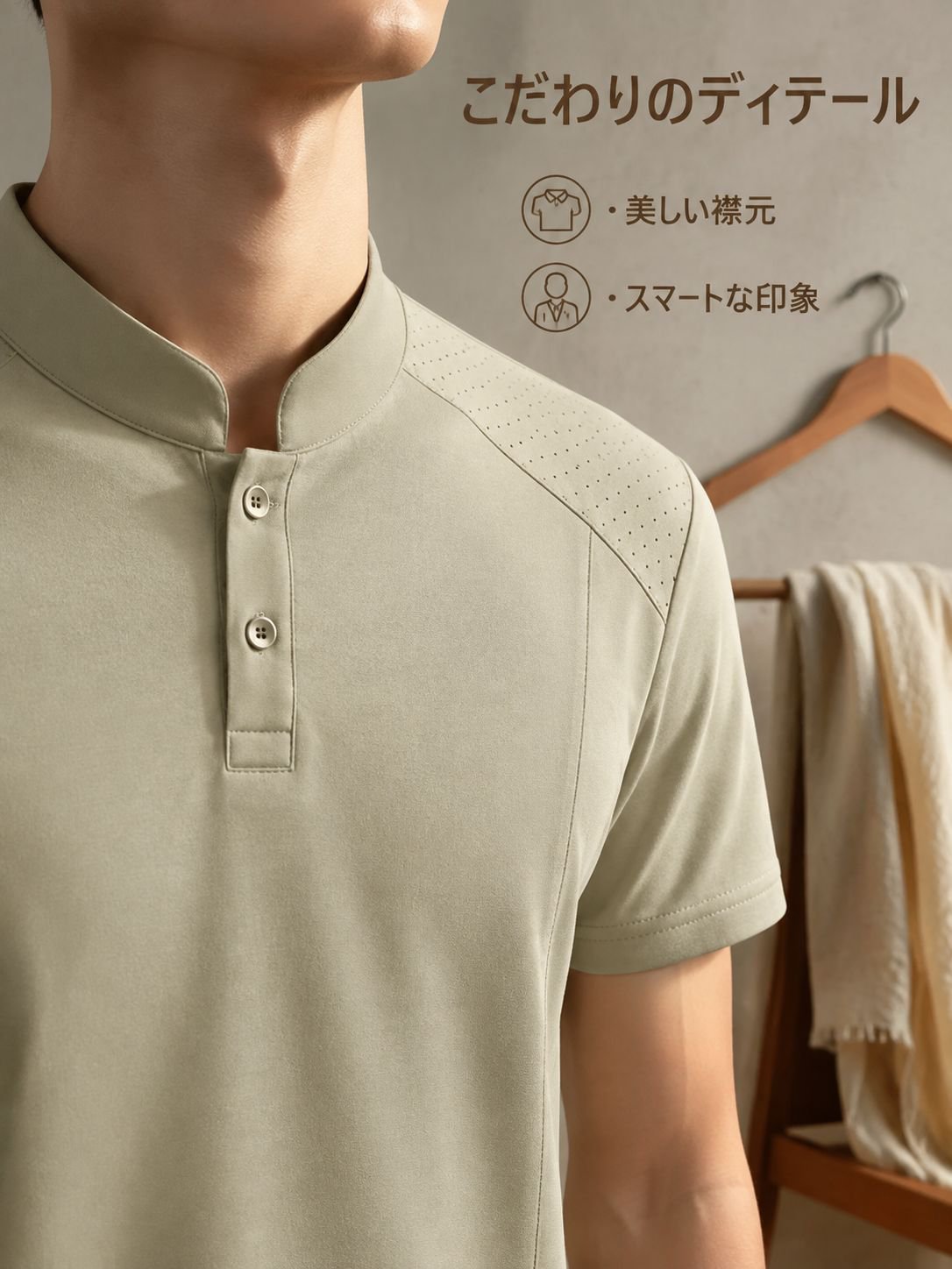 メンズファッショナブルなスタンドカラー半袖Tシャツ、シンプルで高級感