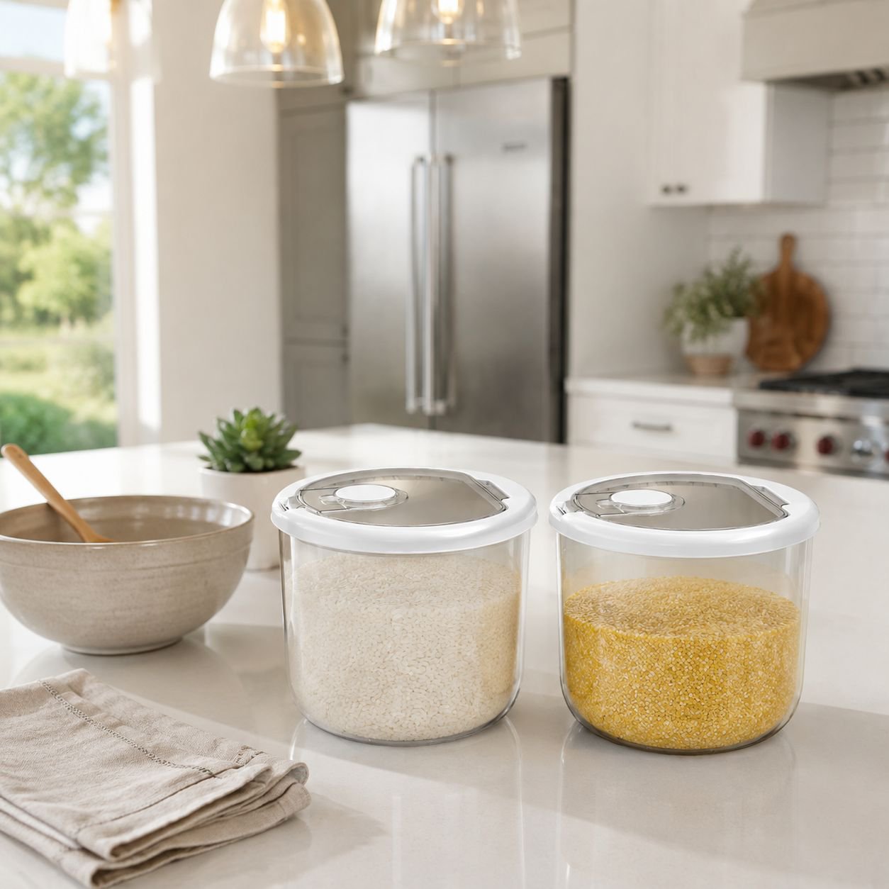 Organized kitchen with sealed rice storage container