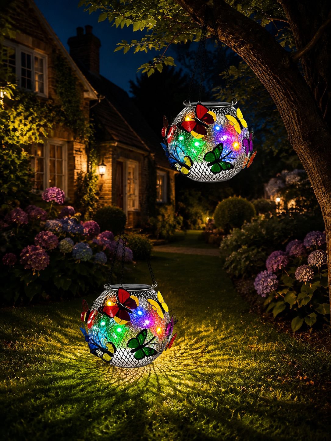 Solar-powered butterfly lamp illuminating a villa garden