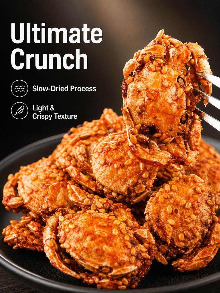 Closeup of crunchy spicy mini crabs snack