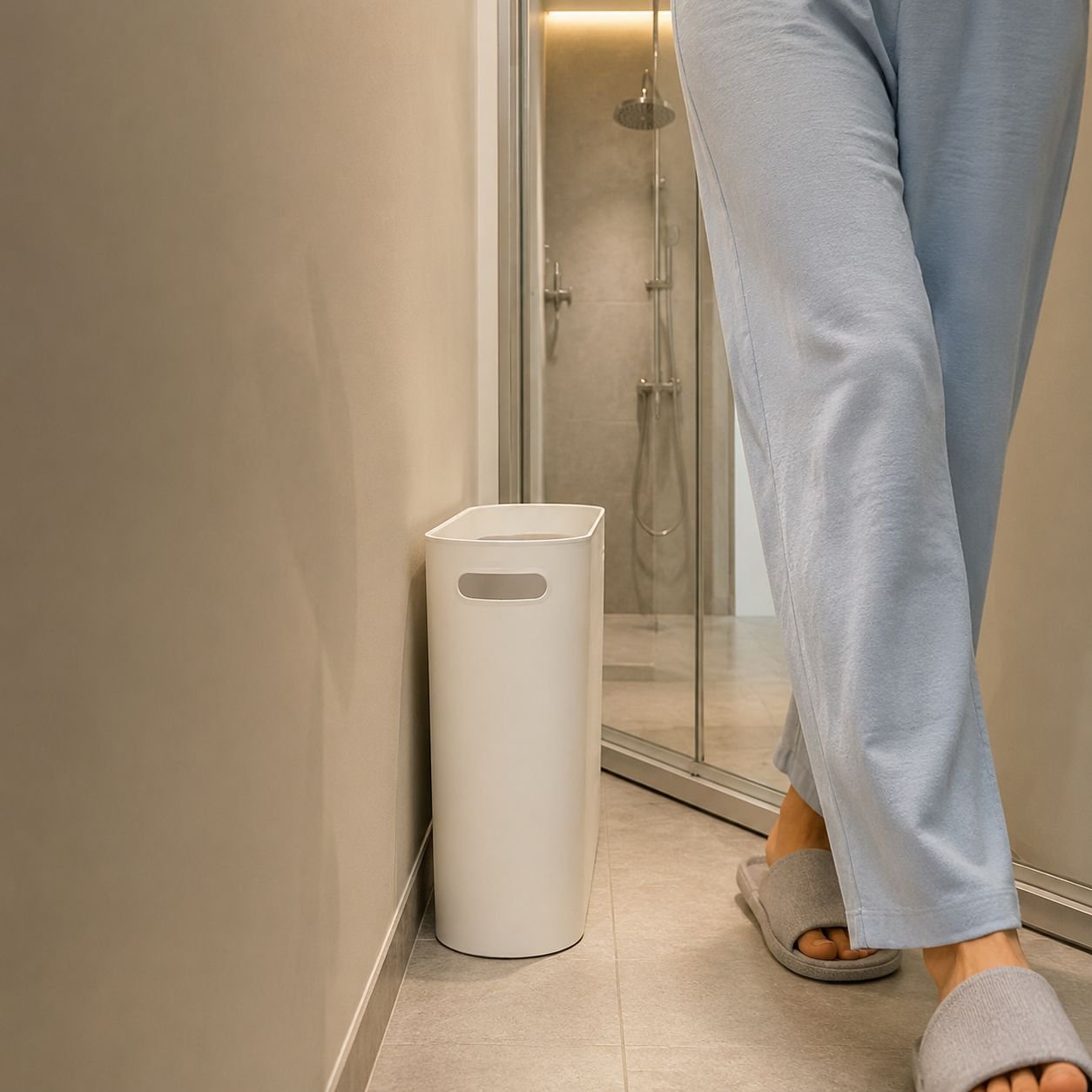 Durable narrow space trash bin with push lid