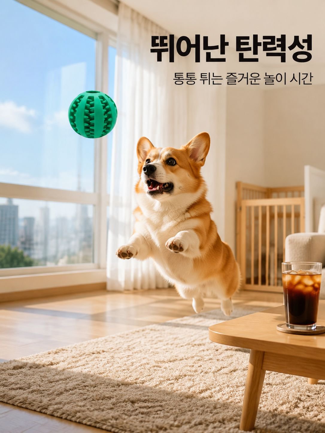 애완견이 공 장난감을 씹다