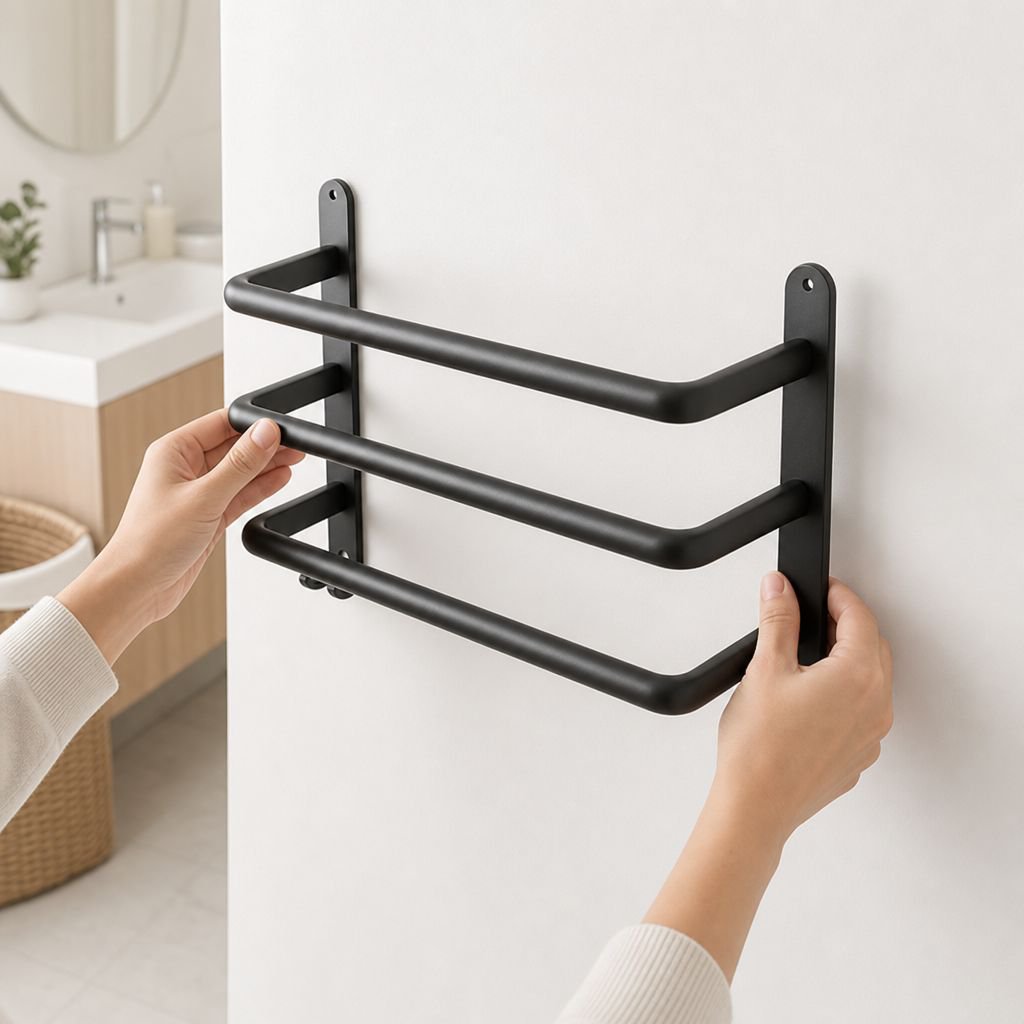 Bathroom organizer with towels and toiletries on shelf