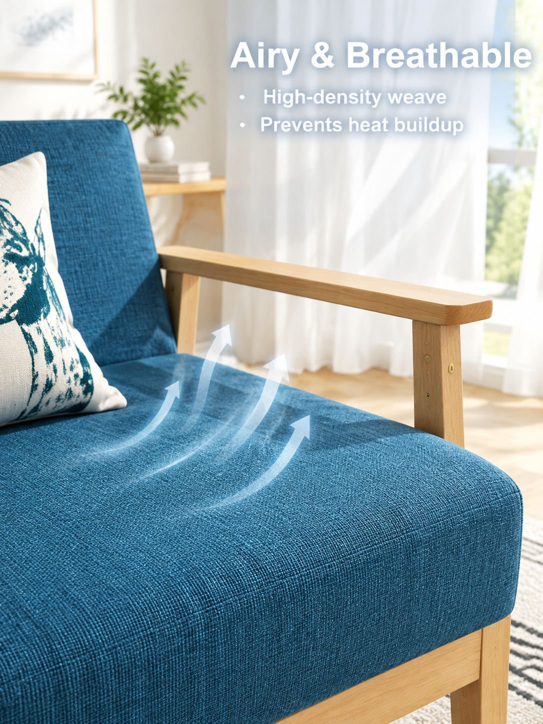 Modern minimalist fabric armchair in a contemporary living room