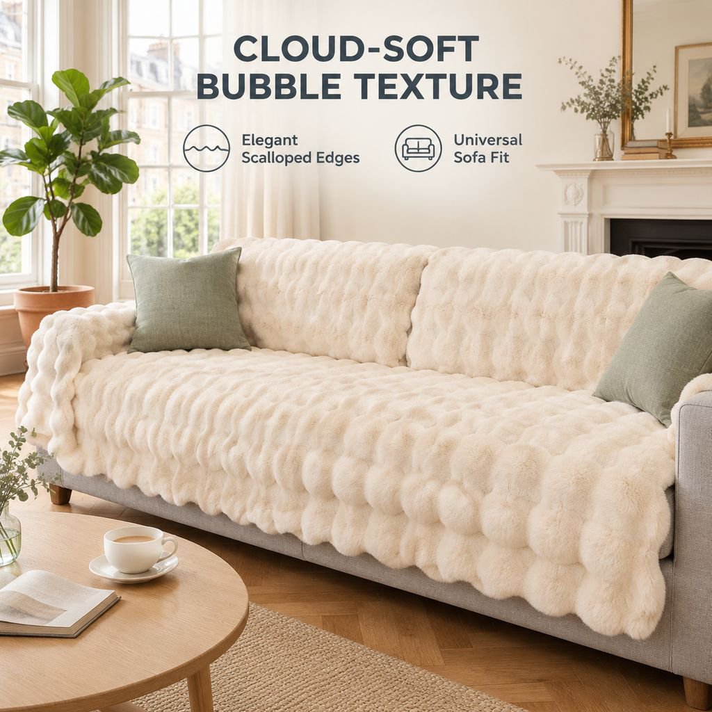 Thick Faux Rabbit Fur Sofa Cover Non-Slip Wavy Edge Couch Slipcover Blanket