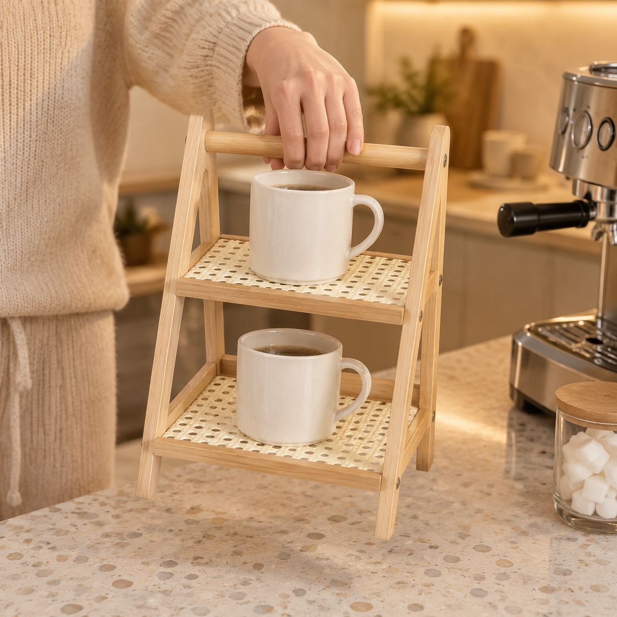 Rattan-Tassenhalter für den Tisch, zweistöckiges Küchenregal