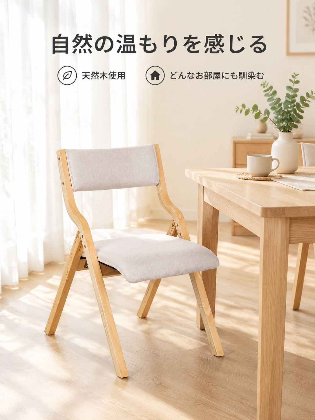 木製無垢材折りたたみダイニングチェア（背もたれ付き）