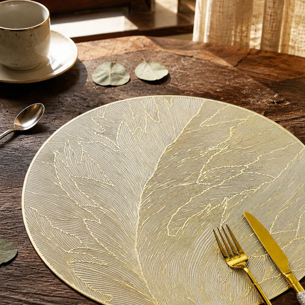 Light Luxury Feather Placemat Waterproof Oil-proof PVC Material Gold Stamped Vase Mat