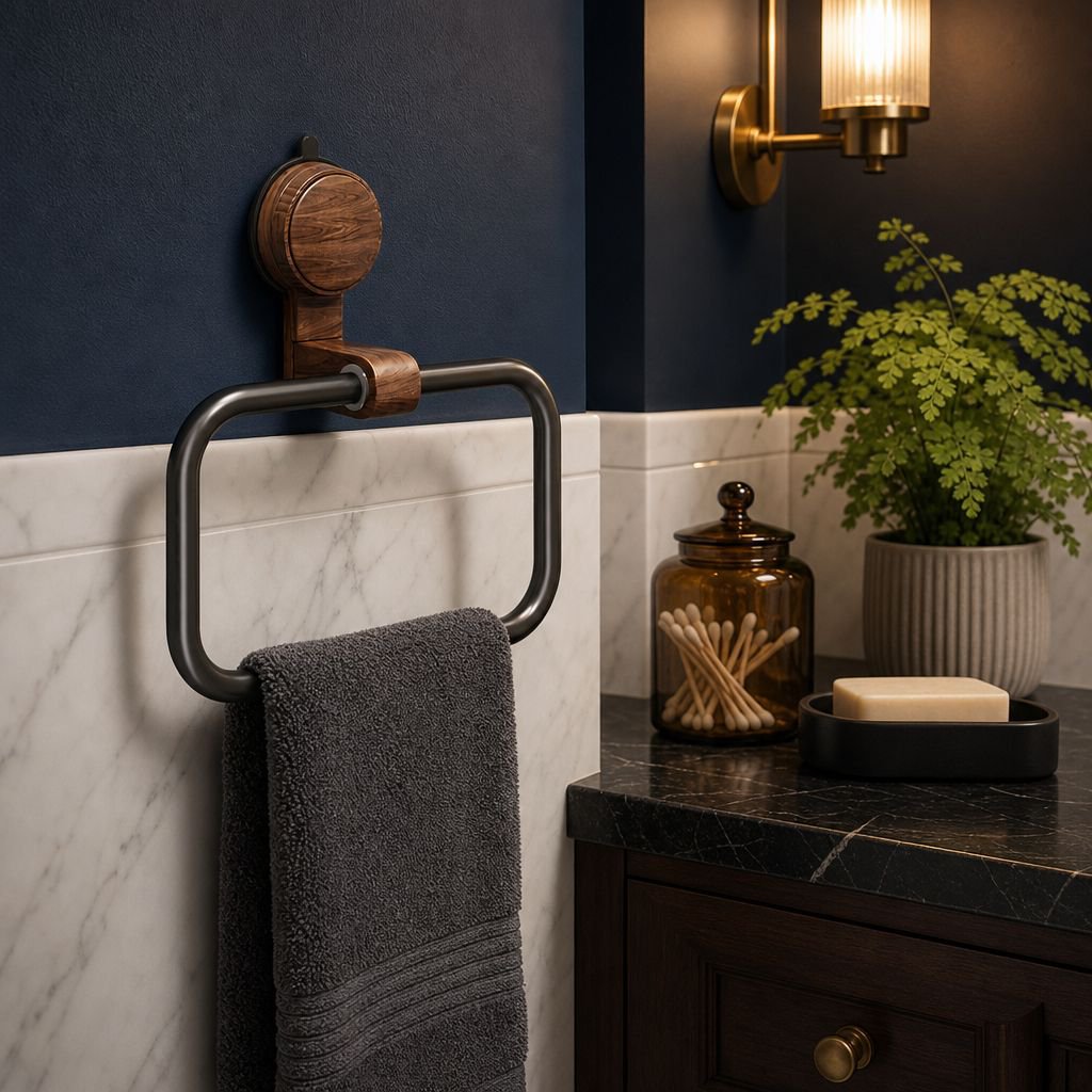Modern bathroom with walnut towel rack