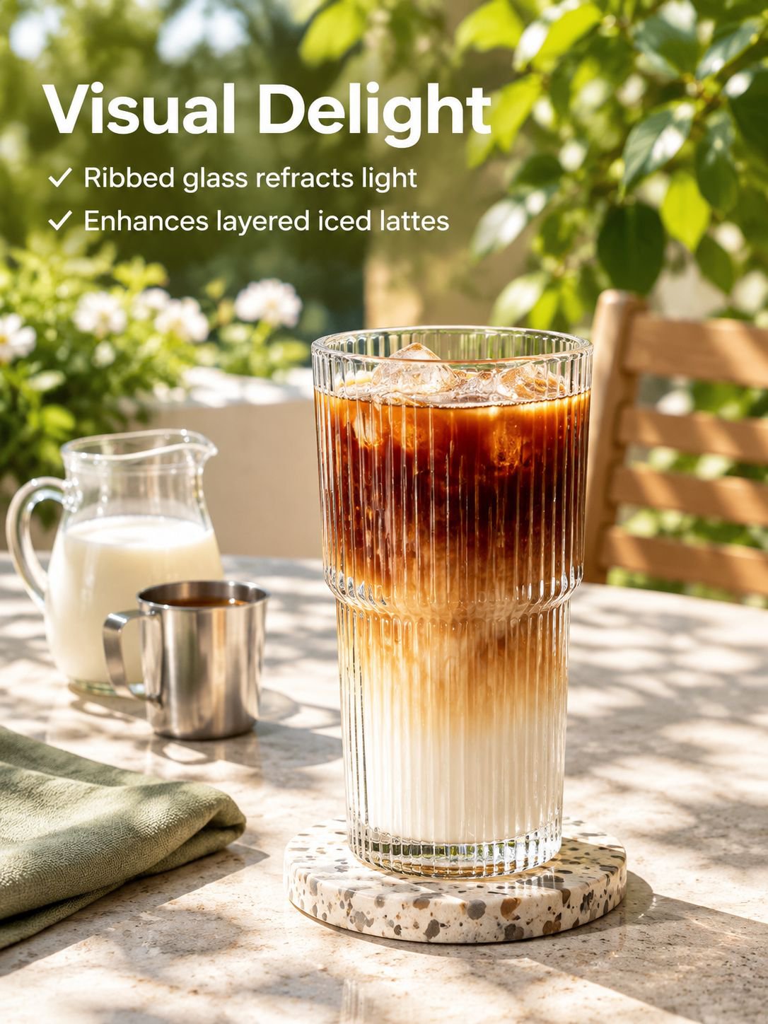 Side view of a minimalist vertical stripe glass coffee cup