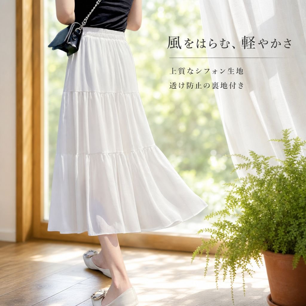 ホワイトAラインプリーツアンブレラミディシフォンワンピース