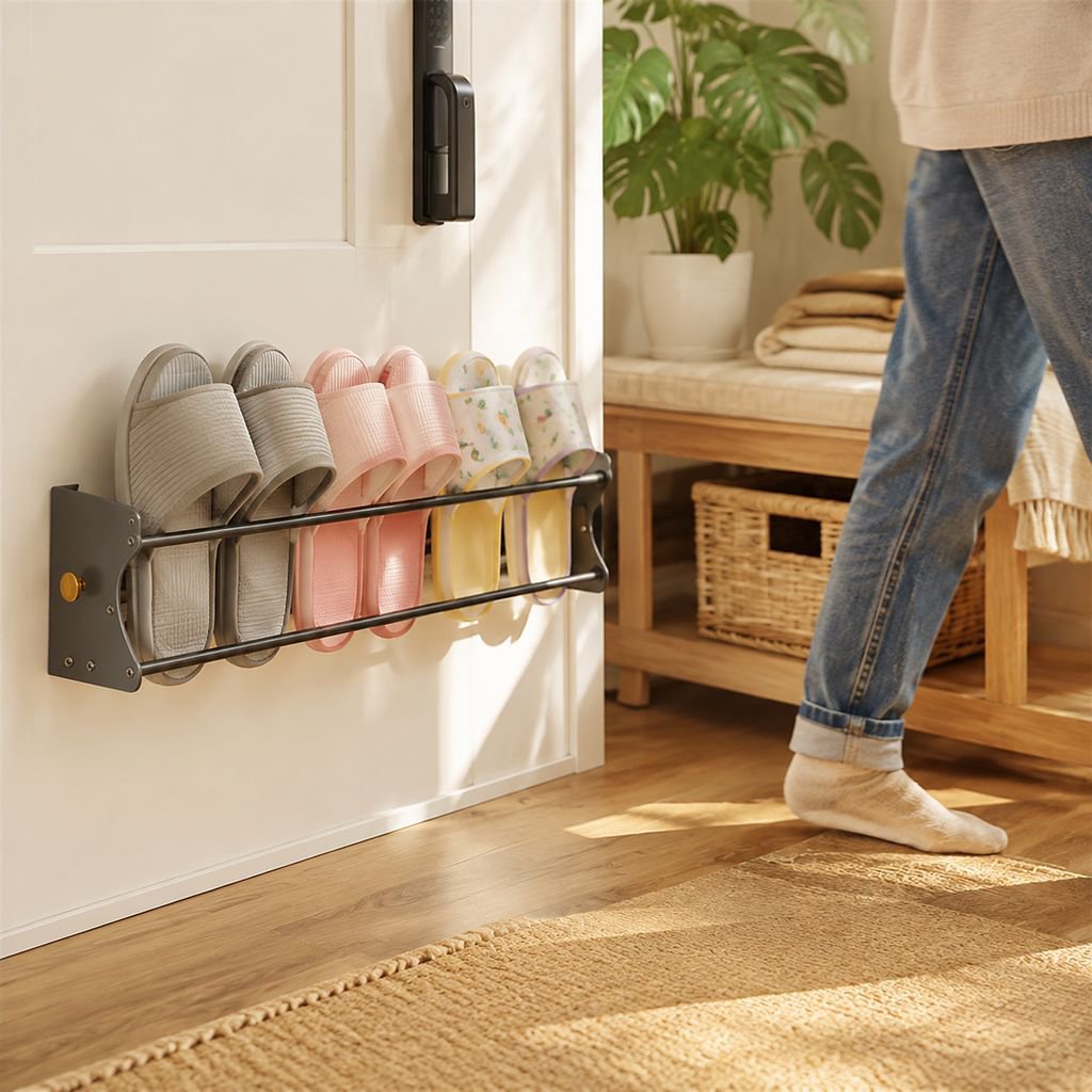 Organized bathroom with magnetic slipper organizer