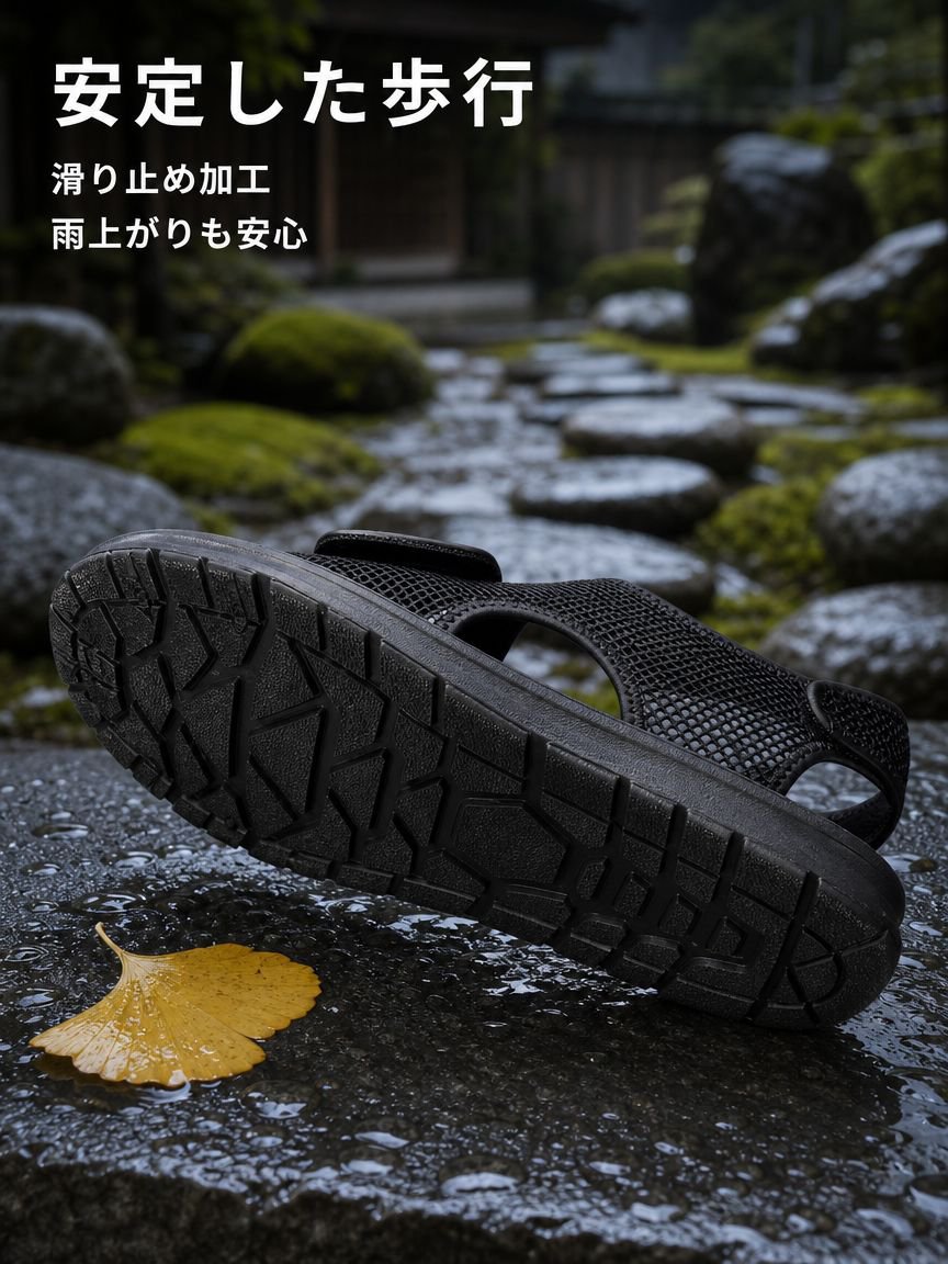メンズ通気性軽量サンダル マジックテープ調節 滑り止め・水洗い可能メッシュスリッパ