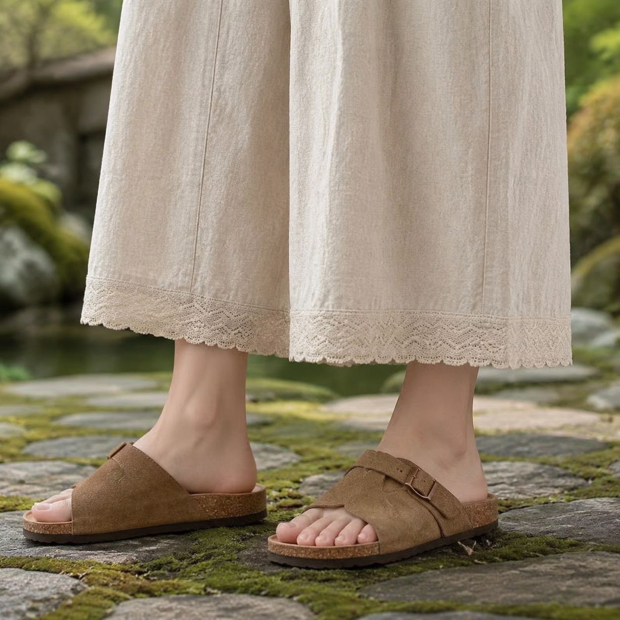 ゆったりレーストリムワイドパンツ レディース 夏用 コットンリネンストレートパンツ