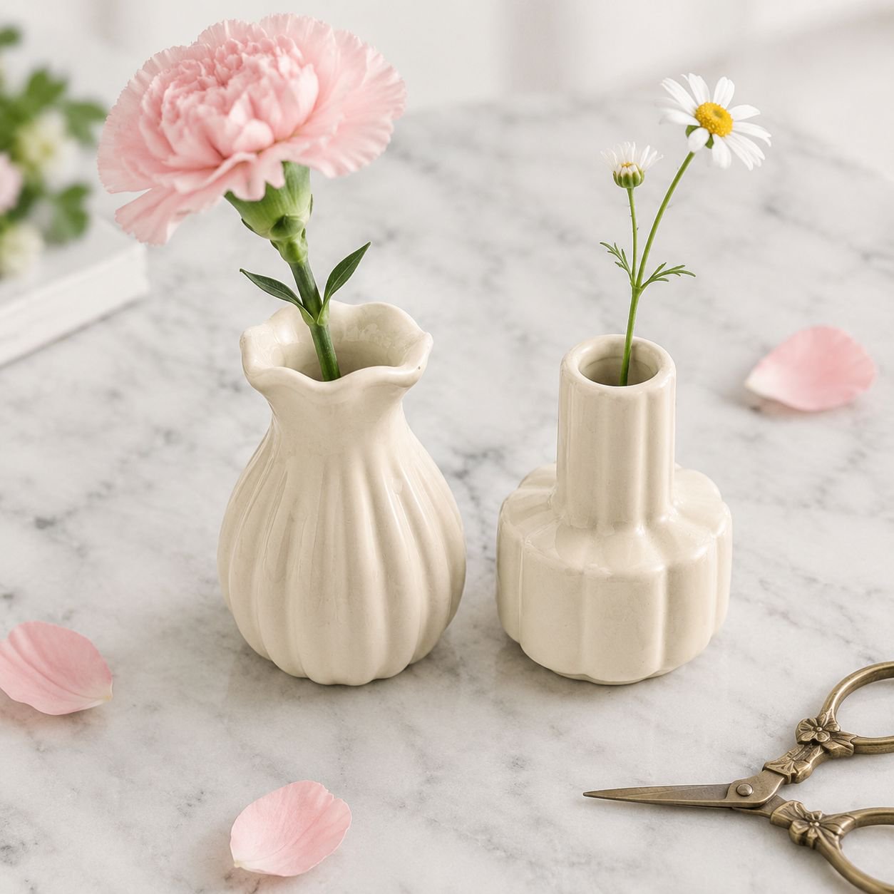 Home decor accent: mini ceramic vase with faux flowers