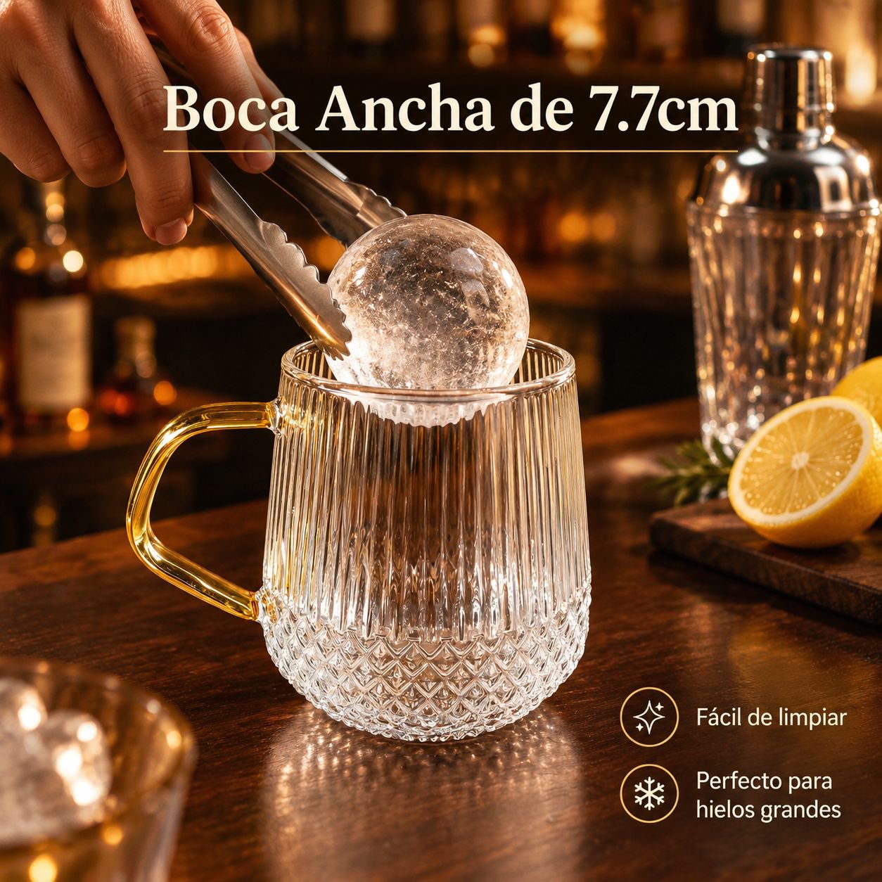 Vaso de vidrio de borosilicato de alta calidad con asa y rayas verticales