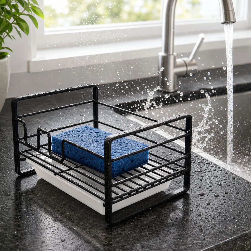 Iron rack keeping kitchen sink area tidy and clean