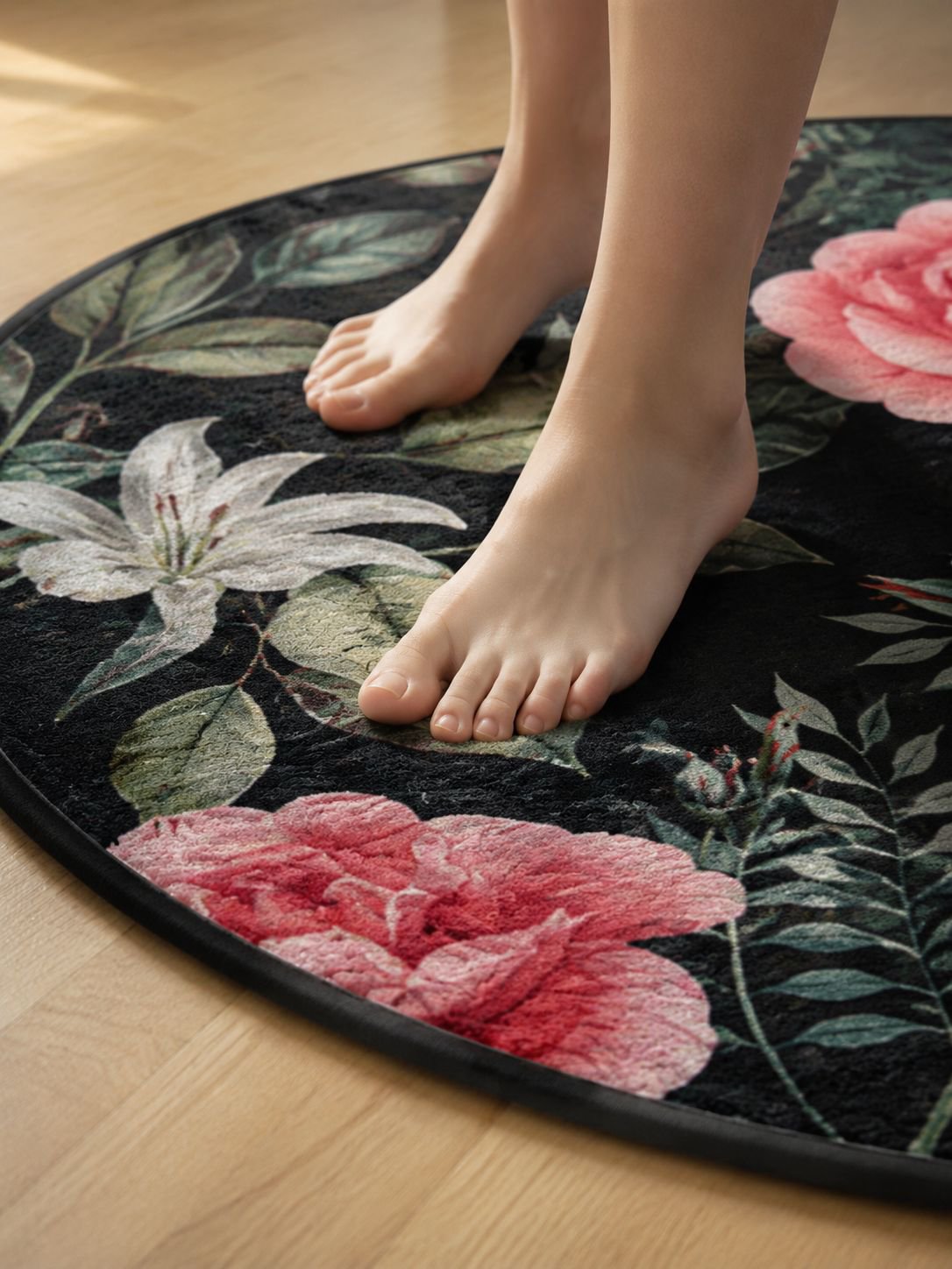 Country style balcony decorated with floral round rug