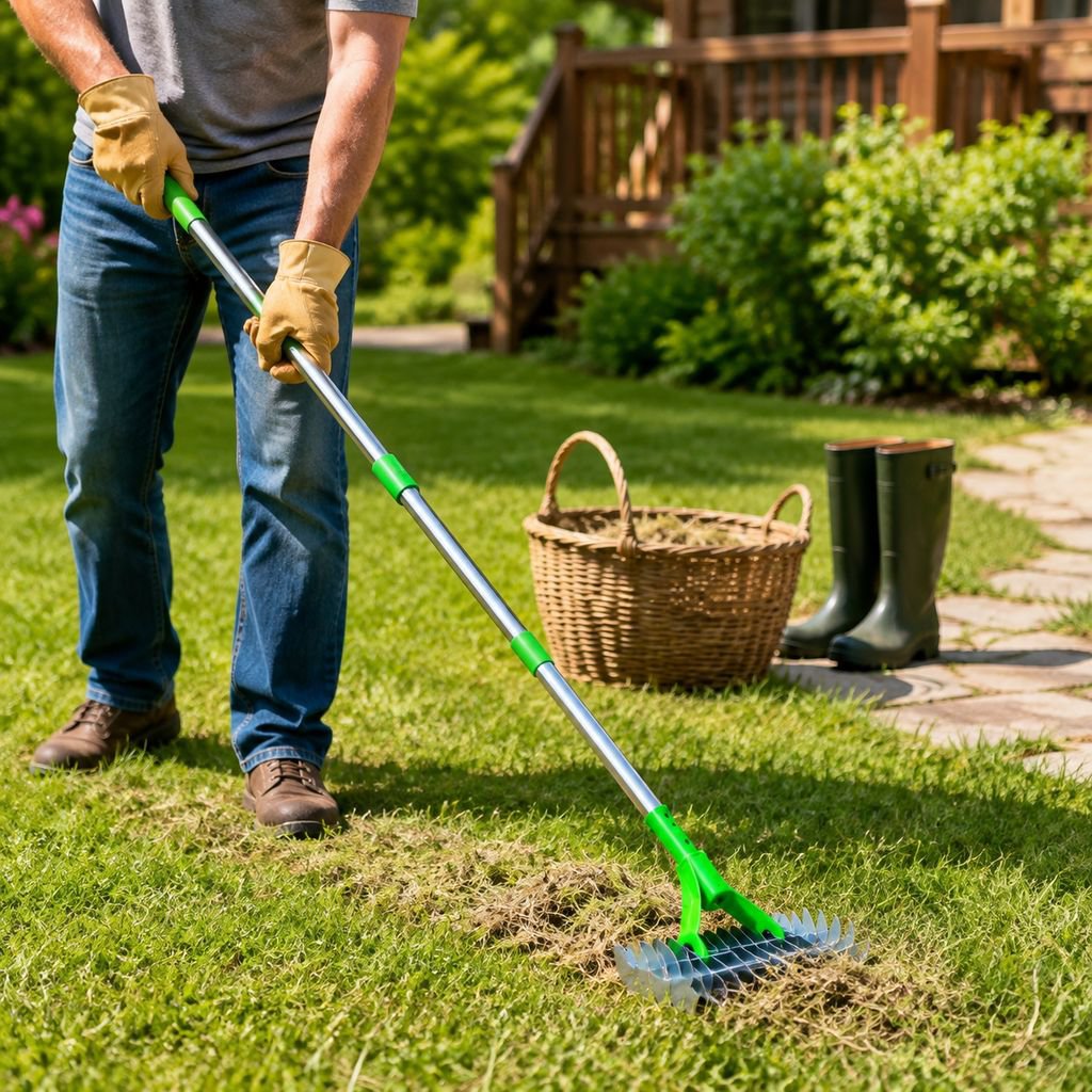 Lawn mower, carbon steel, sturdy, rust-resistant, durable, grass mat removal rake, manual garden rak