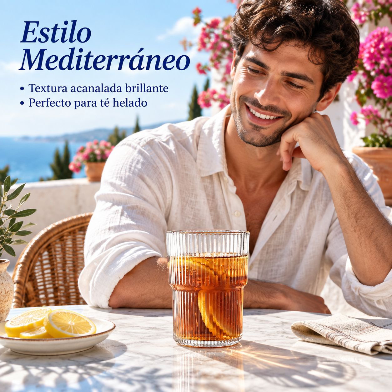 Vaso de vidrio con rayas verticales para agua o café, con tapa