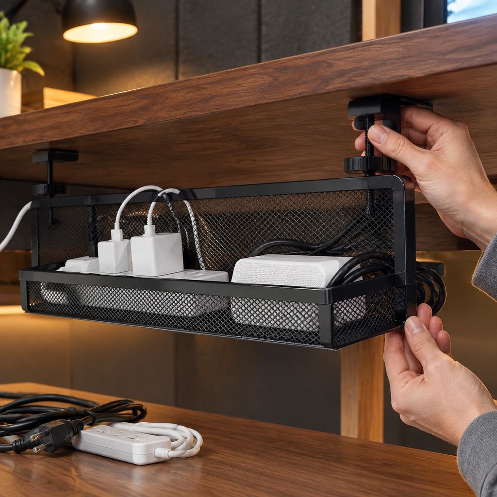 No-drill power strip holder, cable management box, under-desk cable organizer
