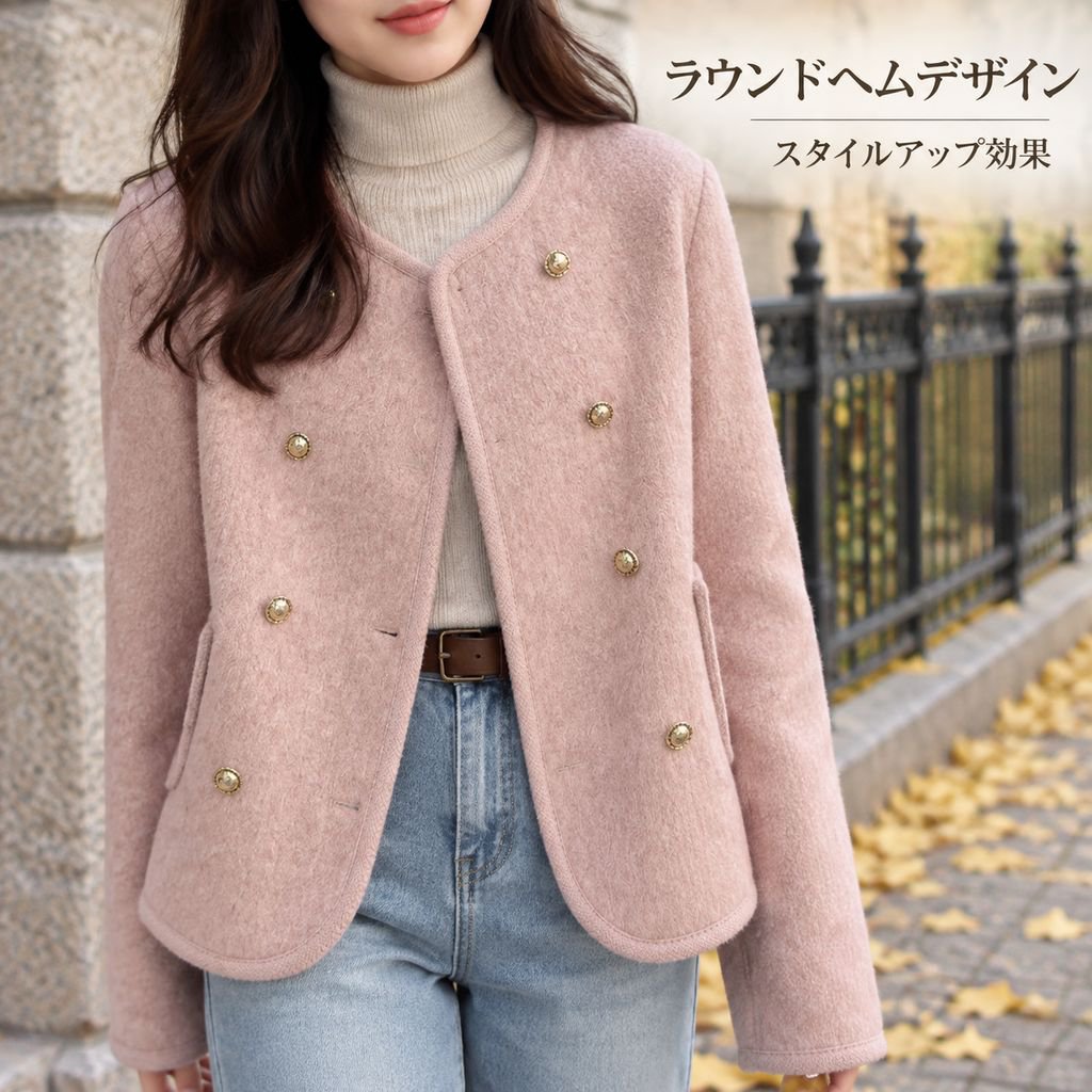 レディース ツイード調 ノーカラージャケット ダブルブレスト 大きいサイズ アウター
