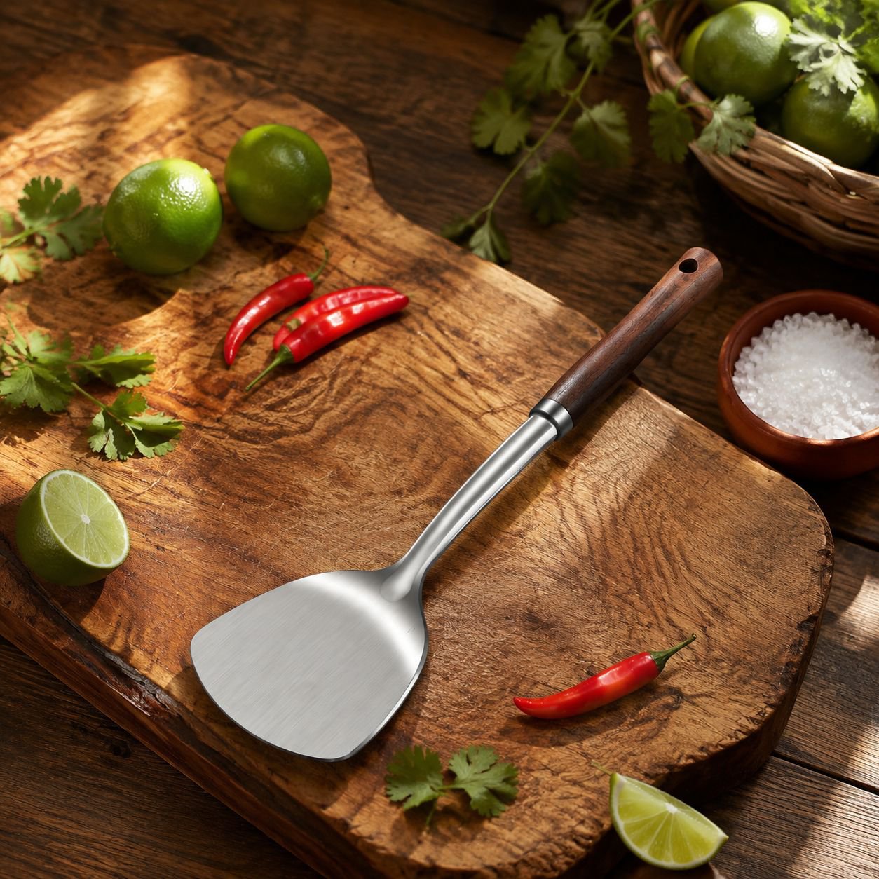 Espátula de acero inoxidable engrosada para cocinar.