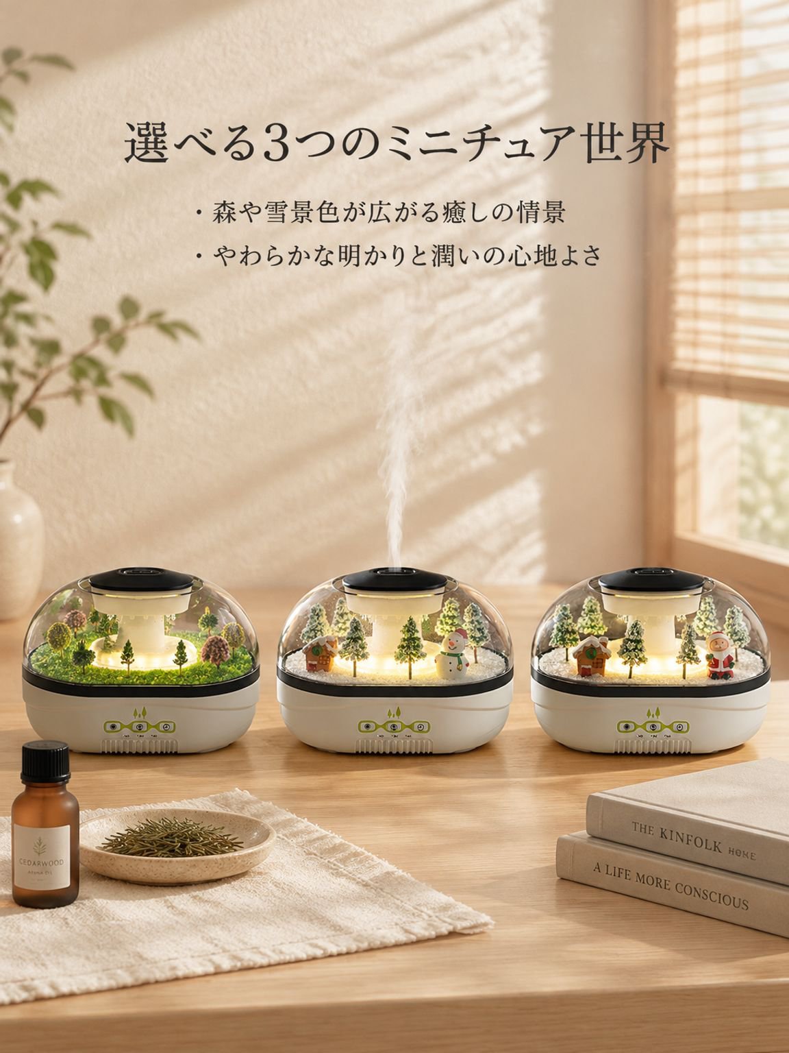 雨粒デザイン 超音波アロマ加湿器 USB静音タイプ 精油対応 ムードライト付き