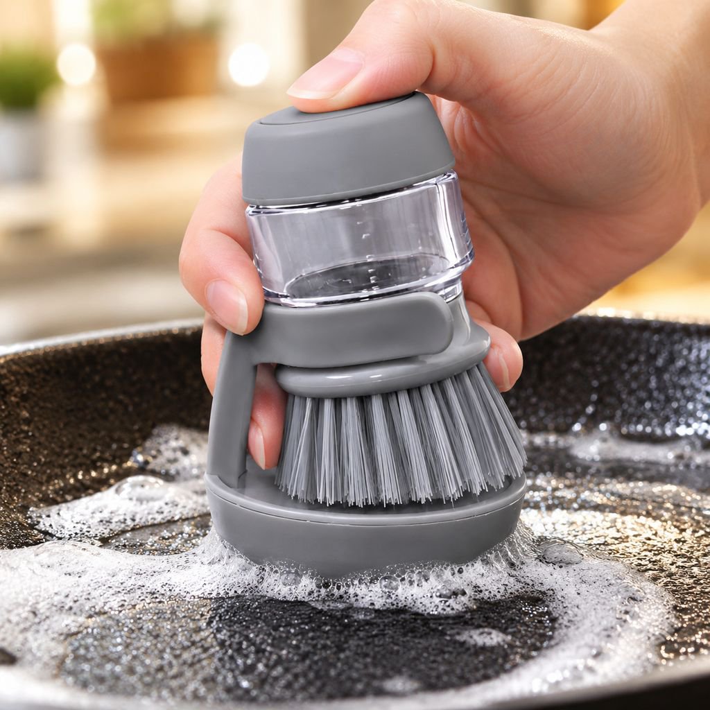 Ergonomic handle of the soap dispensing dish brush
