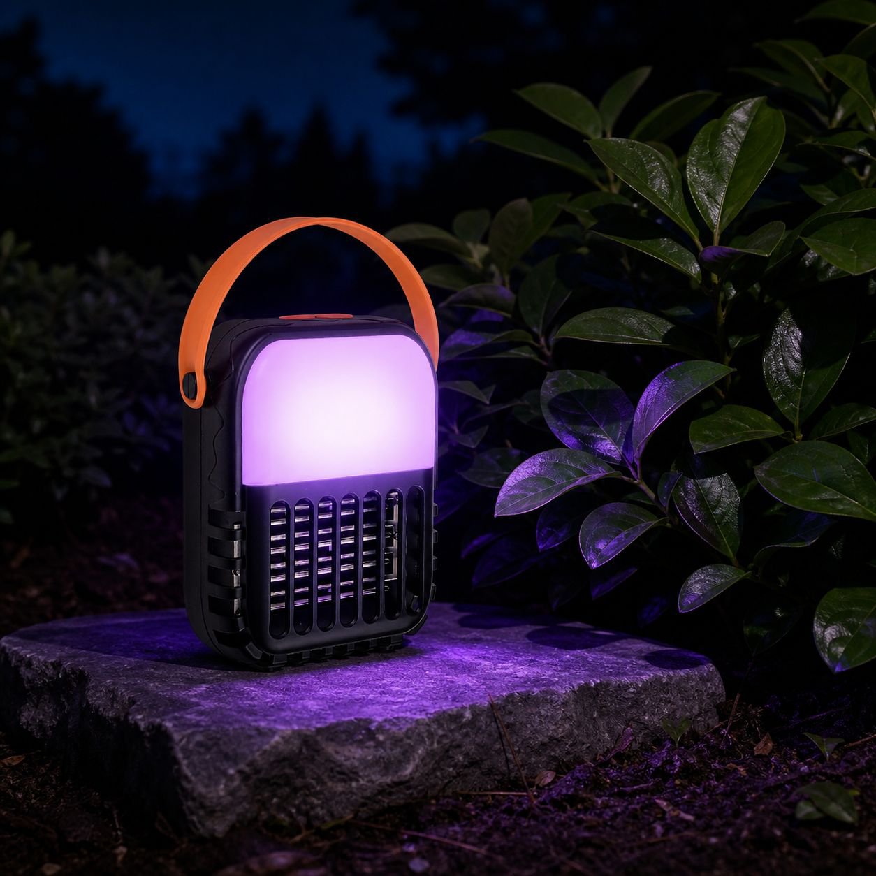 Solar mosquito lamp illuminating patio at night