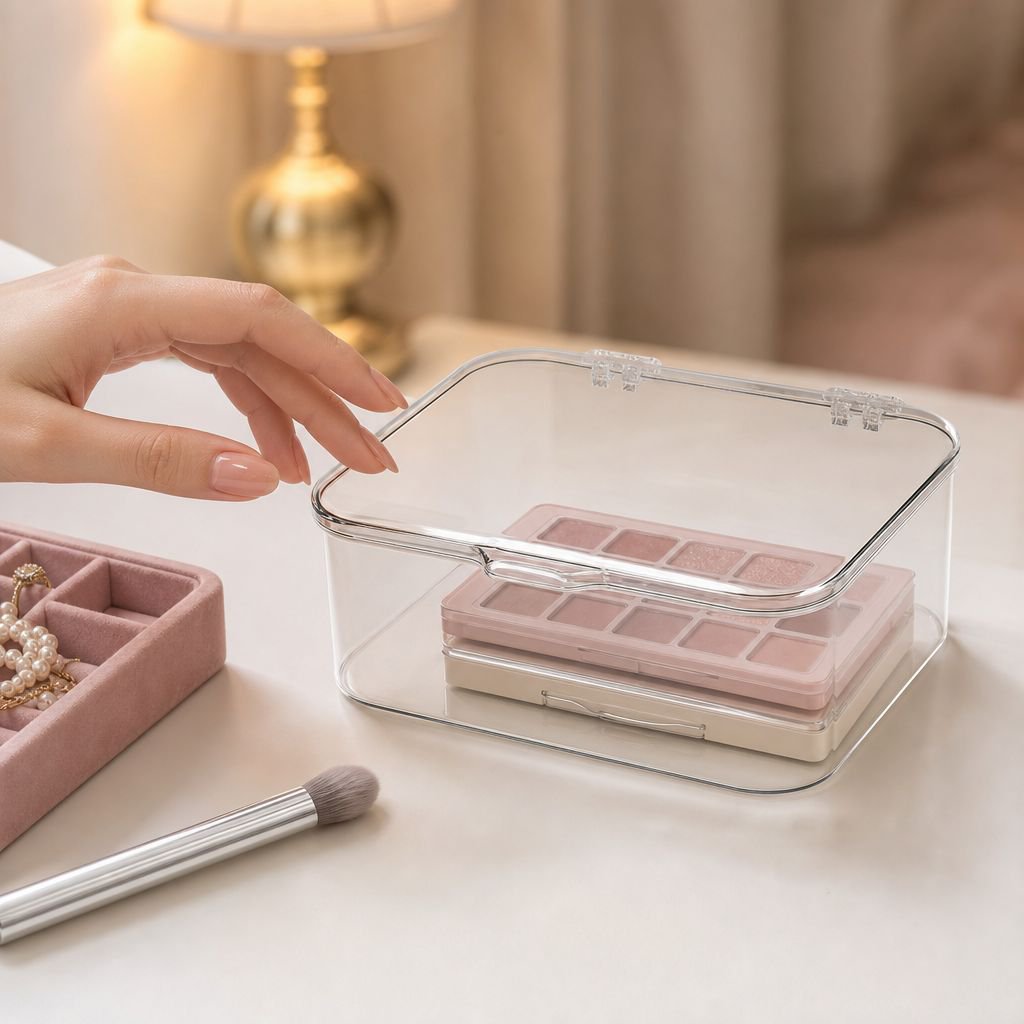 Stackable dustproof storage boxes on shelf